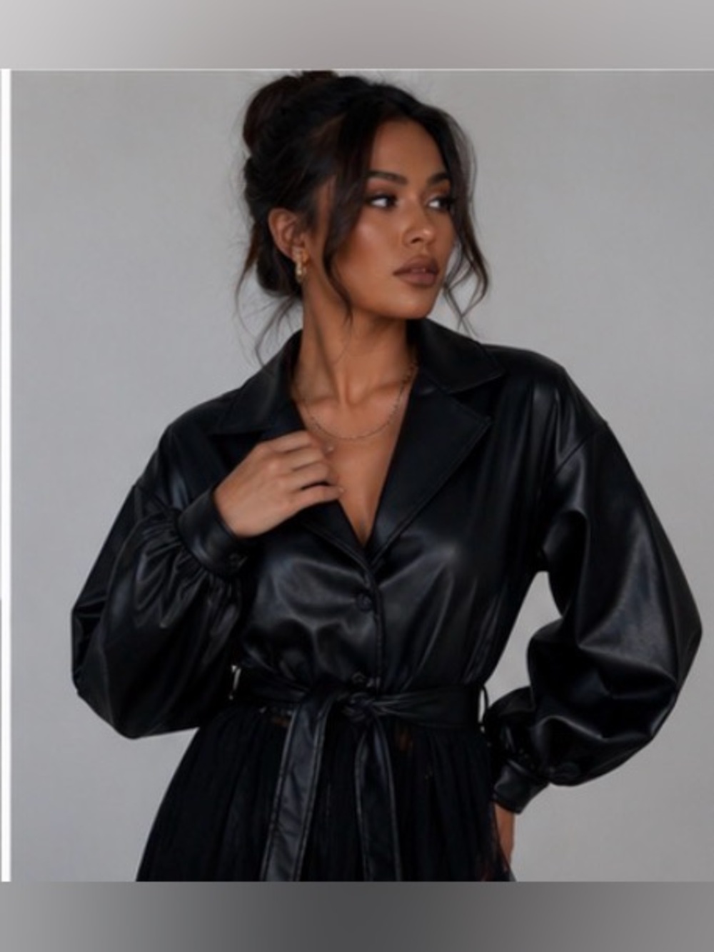 AKIRA Faux Leather & Sheer Chiffon Trench Coat Dress Black Sz S Edgy Gothic - Picture 5 of 12
